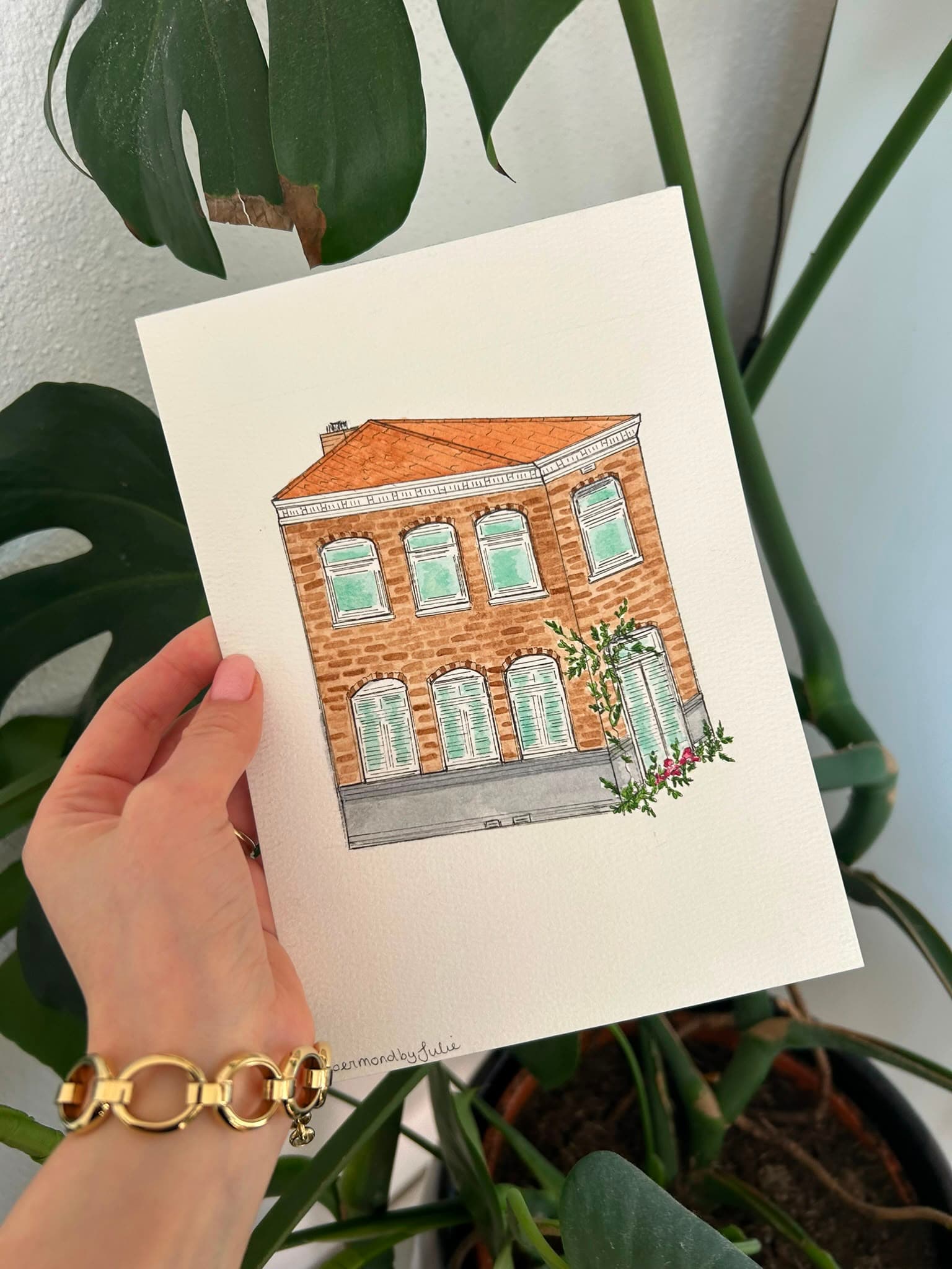 Mijn eigen huis, met de hand getekend en ingekleurd op een kaartje