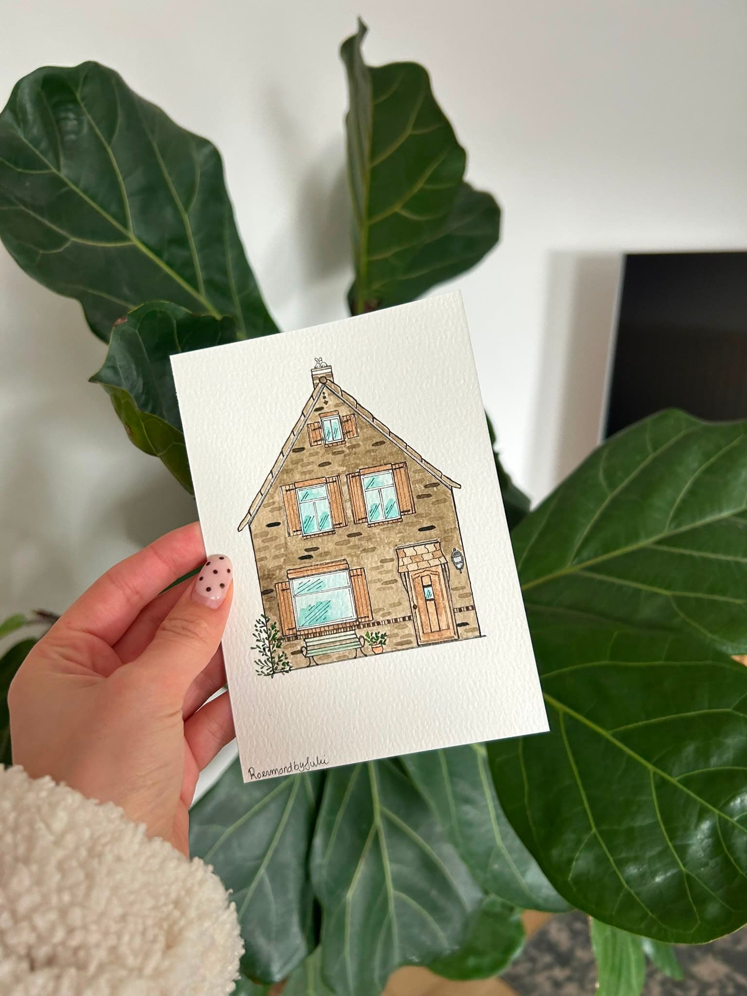 Handgetekend portret van het huisje van opa en oma