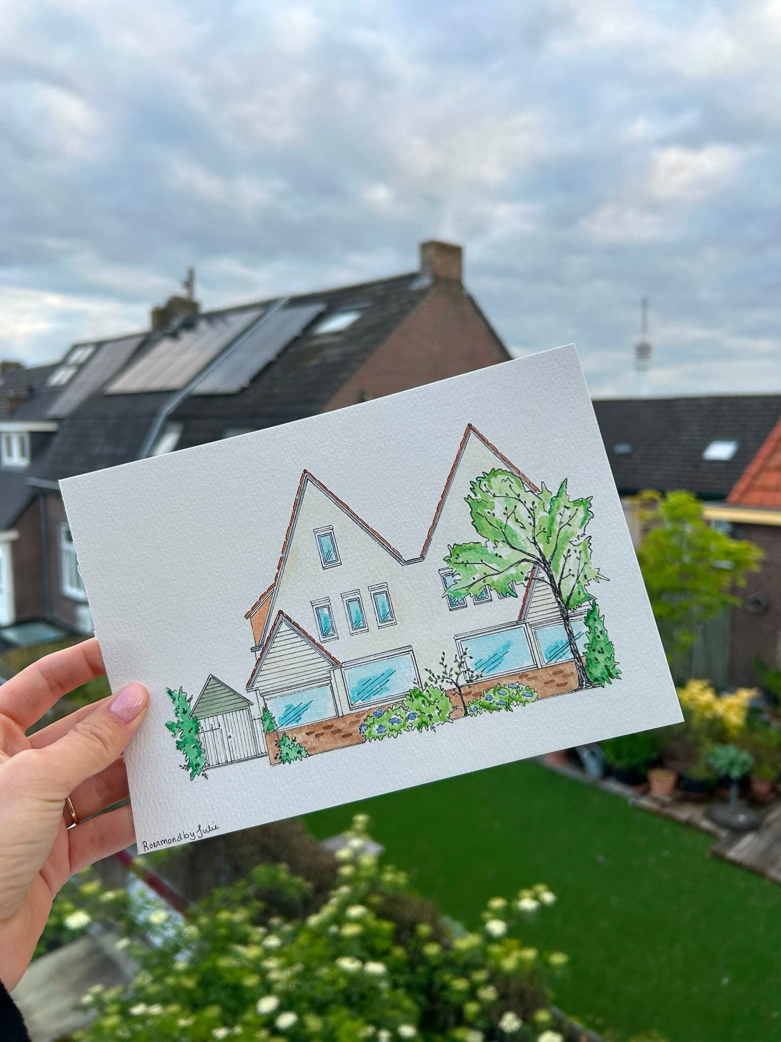 Handgetekend huisportret 'Het huis aan de Maas', met de hand ingekleurd